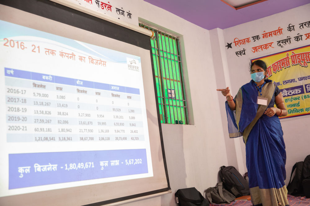 A woman giving a presentation in a meeting.