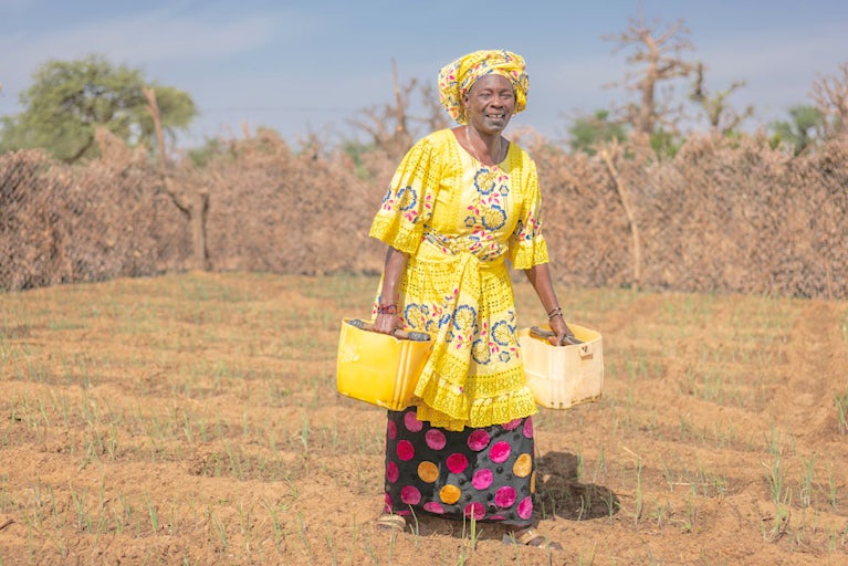 A woman works in her onion field in western Senegal.