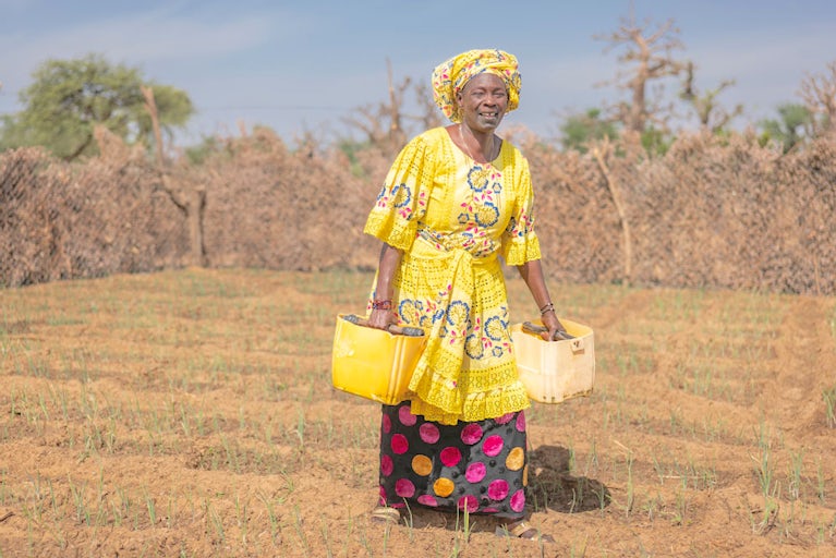 A woman works in her onion field in western Senegal.