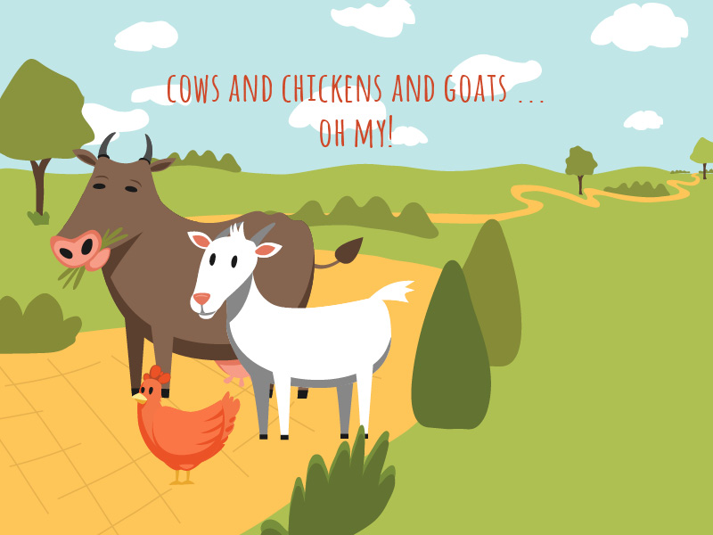Front cover of the Kids card with an illustration of a cow, goat, and chicken with the text "Cows and chickens and goats...oh my!".