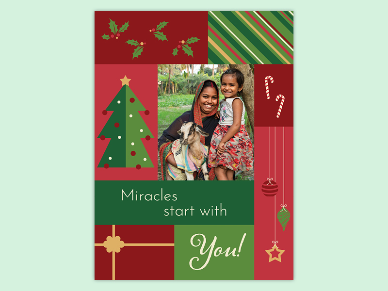 Front cover of the Christmas card with the text "Miracles start with you!".