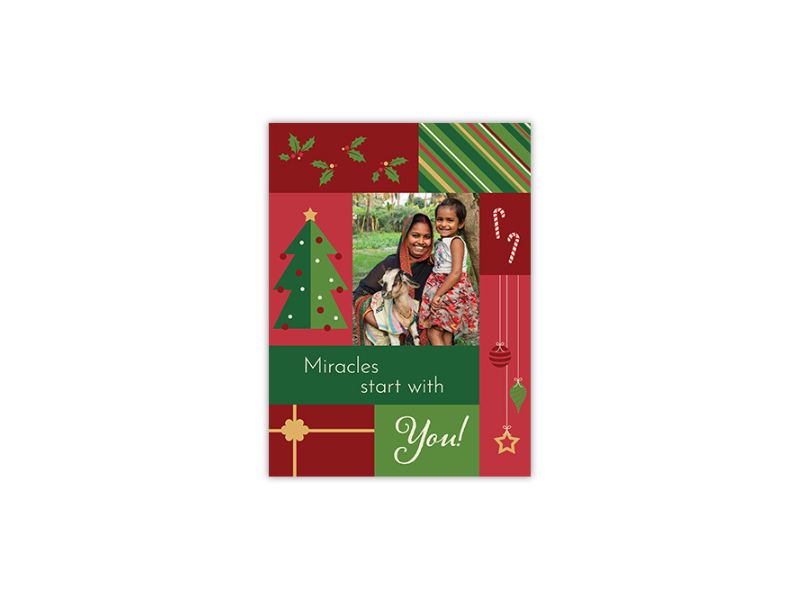 Front cover of the Christmas card with the text "Miracles start with you!".