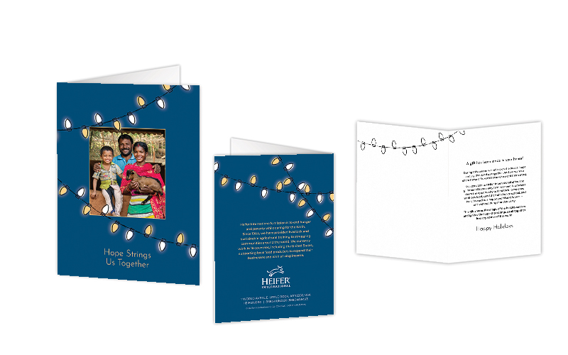 3 views of the Holiday honor cards, one of the front cover, one of the back cover, and one of the interior of the card.