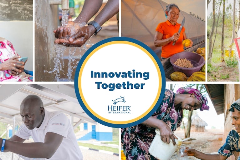 A collage of farmers using tools and tech.