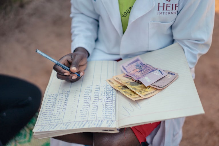 Heifer International staff member records financial information with local currency.