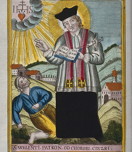 In addition to love and honeybees, Saint Valentine is the patron saint of epilepsy. He is shown here blessing someone having an epileptic seizure. In addition to love and honeybees, Saint Valentine is the patron saint of epilepsy. He is shown here blessing someone having an epileptic seizure.