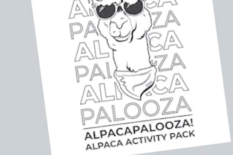 Cover of Alpacapalooza: Alpaca Activity Pack, a cartoon-style drawing of an alpaca