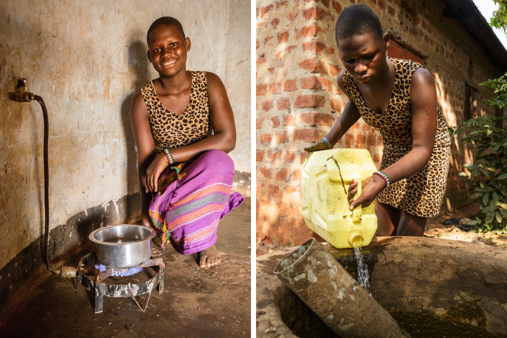  Left, Linda cooks using a gas heater fed by her family's biogas system, which runs on cow manure. Right, Linda pours water in her family's biogas system.
