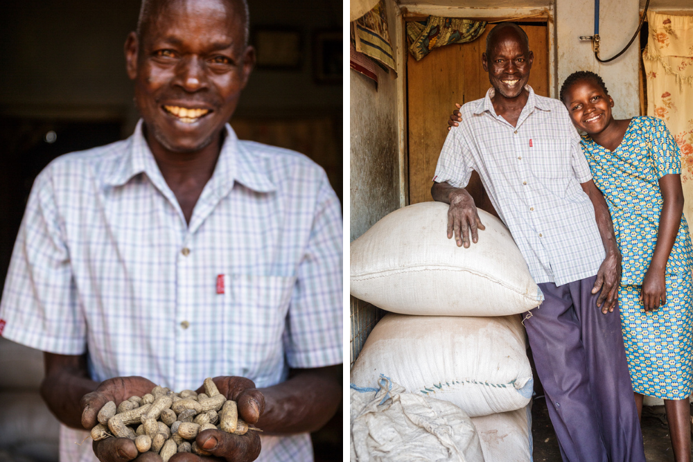 (Left) Patrick holds a handful of peanuts his family harvested from their farm. (Right) Patrick and his daughter Precious stand by bags of rice their family harvested from their