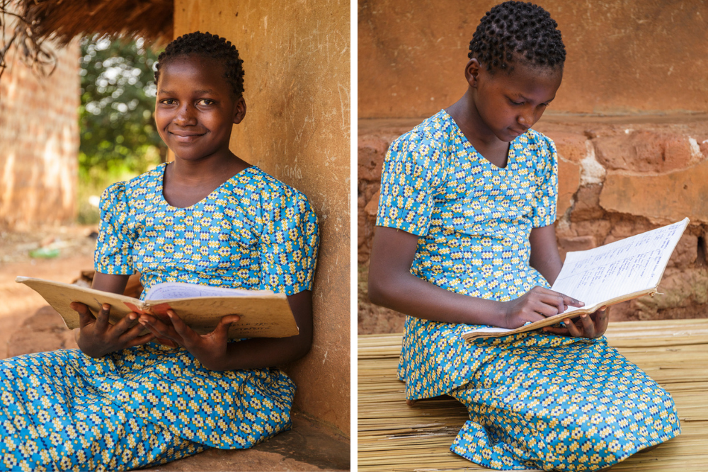 Precious reads from her school notebook while sitting outside her home.