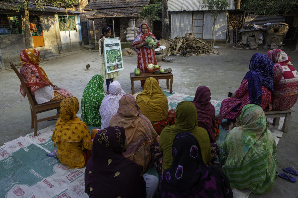 Women participate in a vegetable farming training session in Bangladesh.