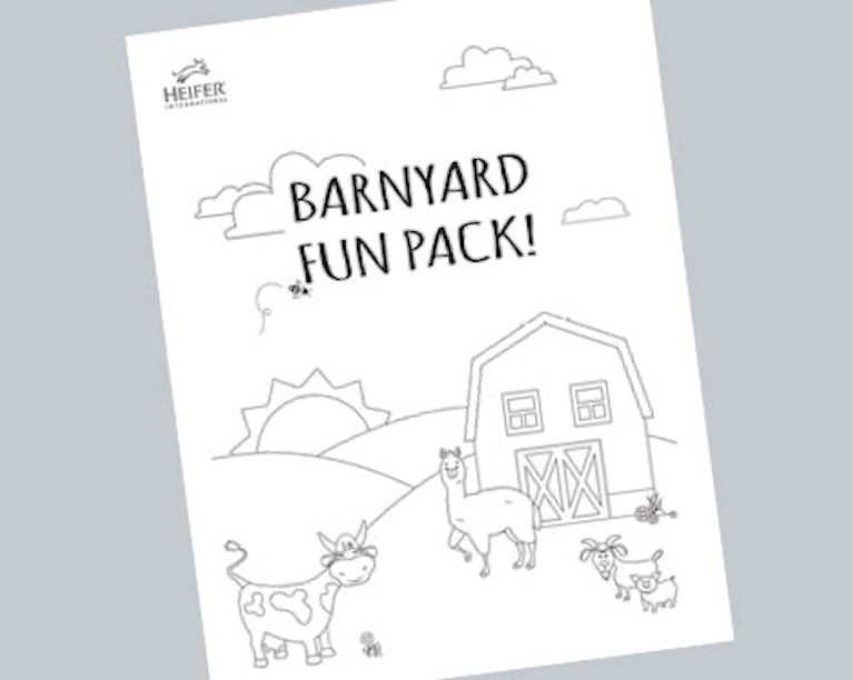 Barnyard Activity Pack Cover, with alpaca, cow, goat, pig and honeybee near a barn.