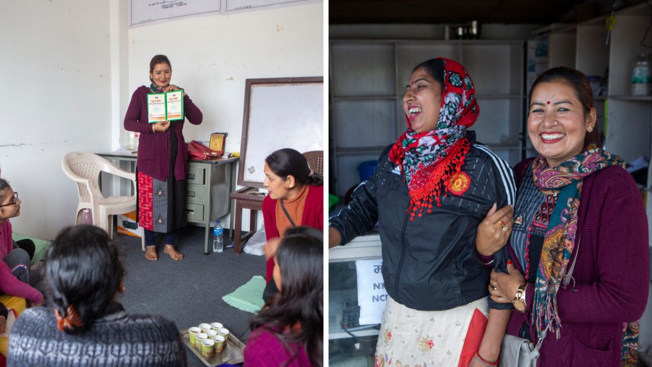 (Left) Bhagawati leads a presentation at the Suraksha SEWC Co-op. (Right) Bhagawati Parajuli and Shakuntala Basal share a laugh together.