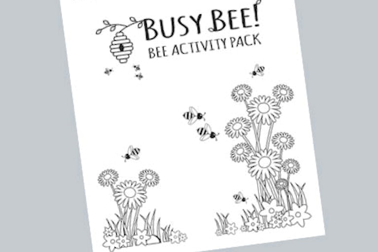 Cover of the Busy Bee: Bee Activity Pack, a cartoon-style drawing of bees and hive