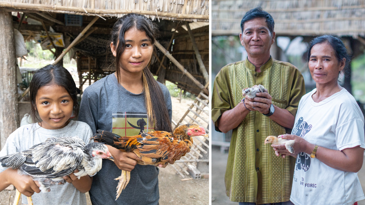 (Left) Chanraun’s daughter, Heang, and her daughter, Heag Srey Leak hold chickens together. Heag is one of five children that Chanraun is raising in addition to her own 10 children. (Right) Chanraun and her husband Noeun hold two of their chickens.
