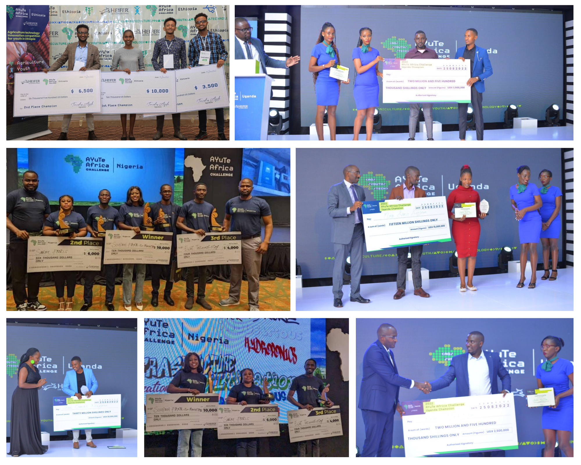 A collage of pictures showing entrepreneurs accepting prizes at an award ceremony.