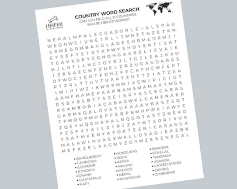 A word search that includes 21 countries where Heifer works