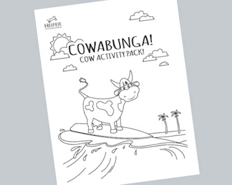 Cover of the Cowabunga! Cow Activity Pack, a cow surfing with waves and palm trees in the background