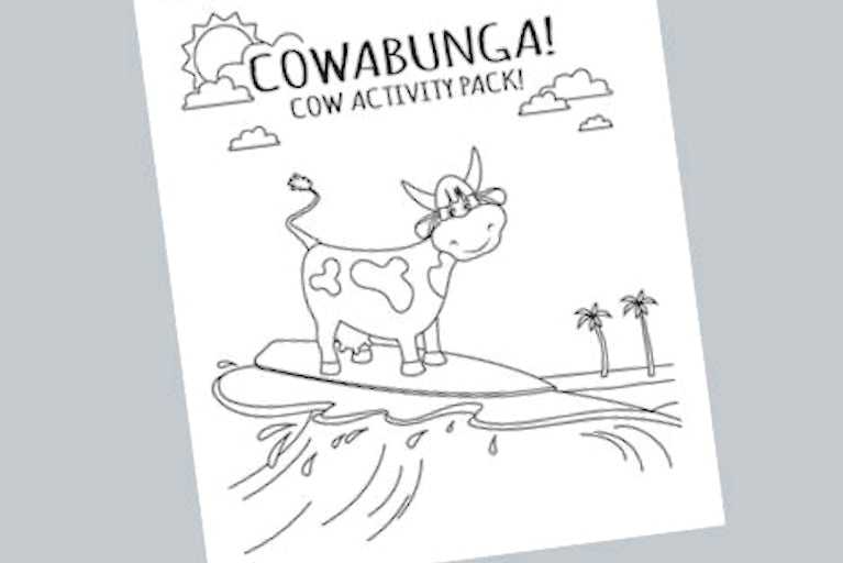 Cover of the Cowabunga! Cow Activity Pack, a cow surfing with waves and palm trees in the background