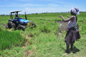 A woman watches while a tractor works on her farm.