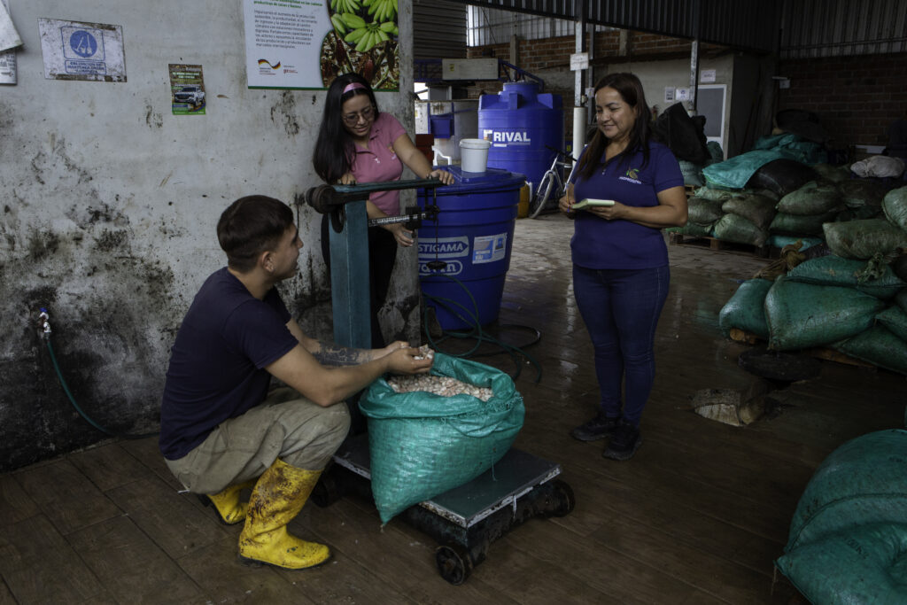 A woman takes notes as cacao is weighed.