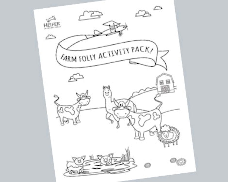Cover of the Farm Folly Activity Pack, farm animals, with a barn behind them, and an airplane flying overhead
