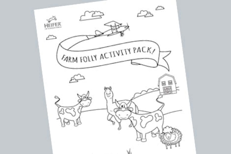 Cover of the Farm Folly Activity Pack, farm animals, with a barn behind them, and an airplane flying overhead