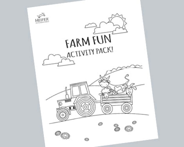 Cover of the Farm Fun Activity Pack, a tractor pulling a wagon with farm animals