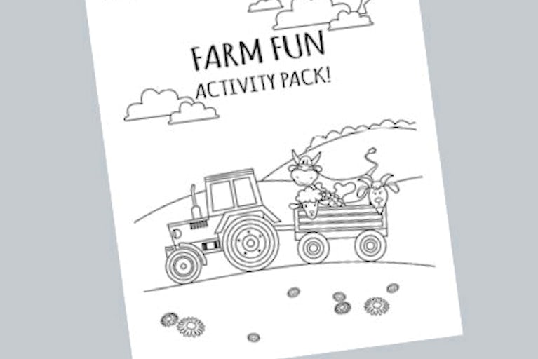 Cover of the Farm Fun Activity Pack, a tractor pulling a wagon with farm animals