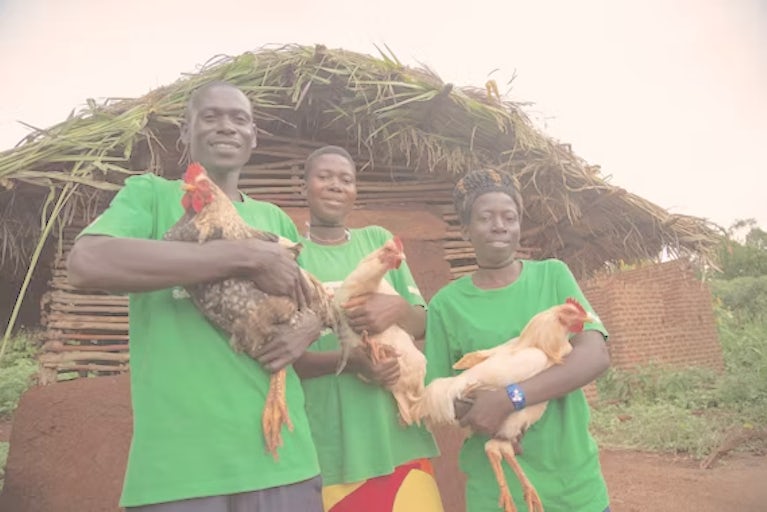 Three people in green shirts holding chickens in front of a thatched hut.