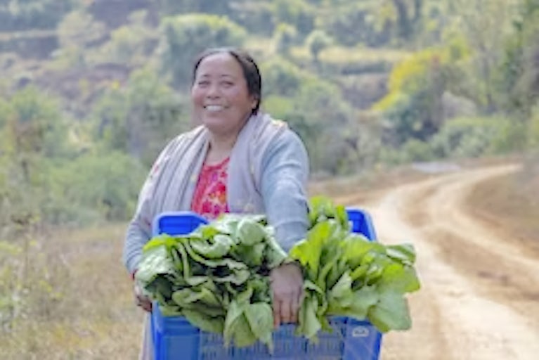 woman farmer carries basket of food