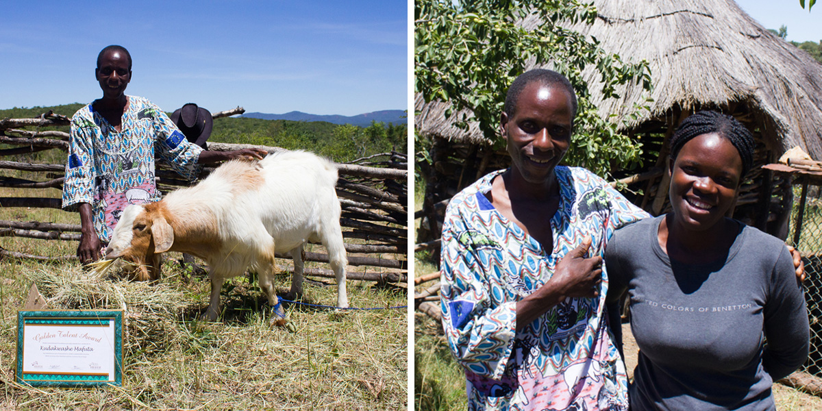 (Left) Fungaimudoti with his Golden Talent Award from Heifer. (Right) Kudakwashe and Fungaimudoti in front of their goat pen.