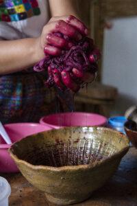 Close up of hands squeezing excess red carmine dye from a skein of cotton yarn.