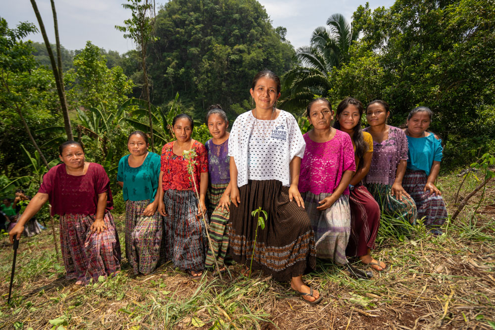 A group of women stand against a backdrop of greenery.