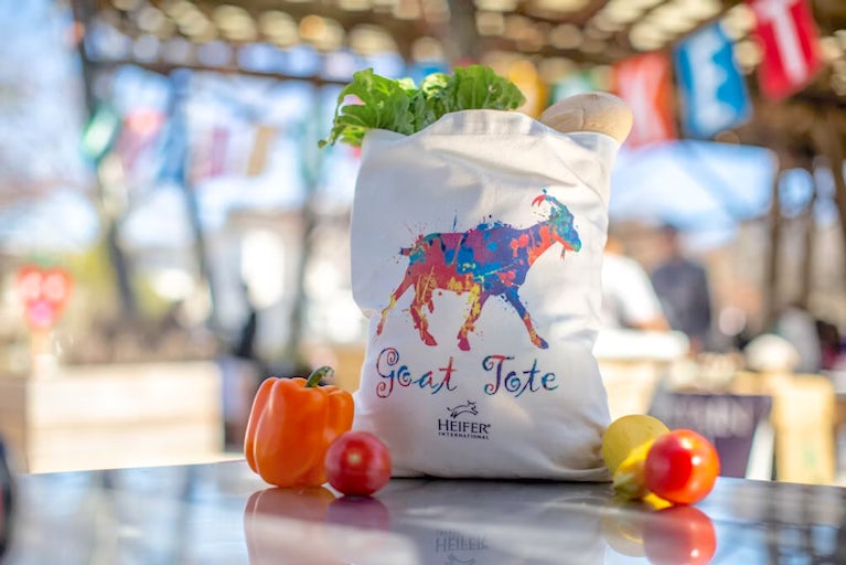Goat Tote bag filled with produce.