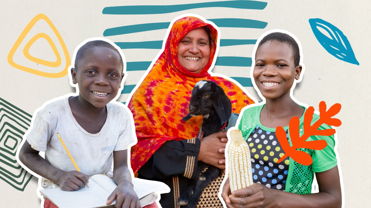 Lively graphic showing three people smiling.