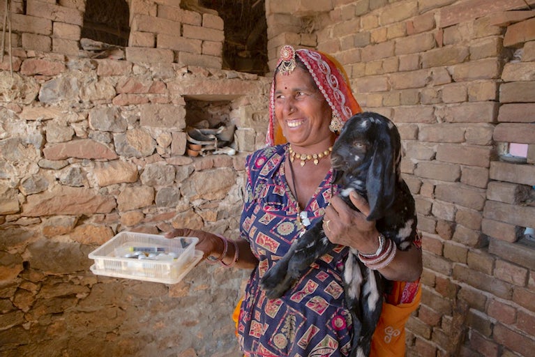 Woman holding a kit and a goat.