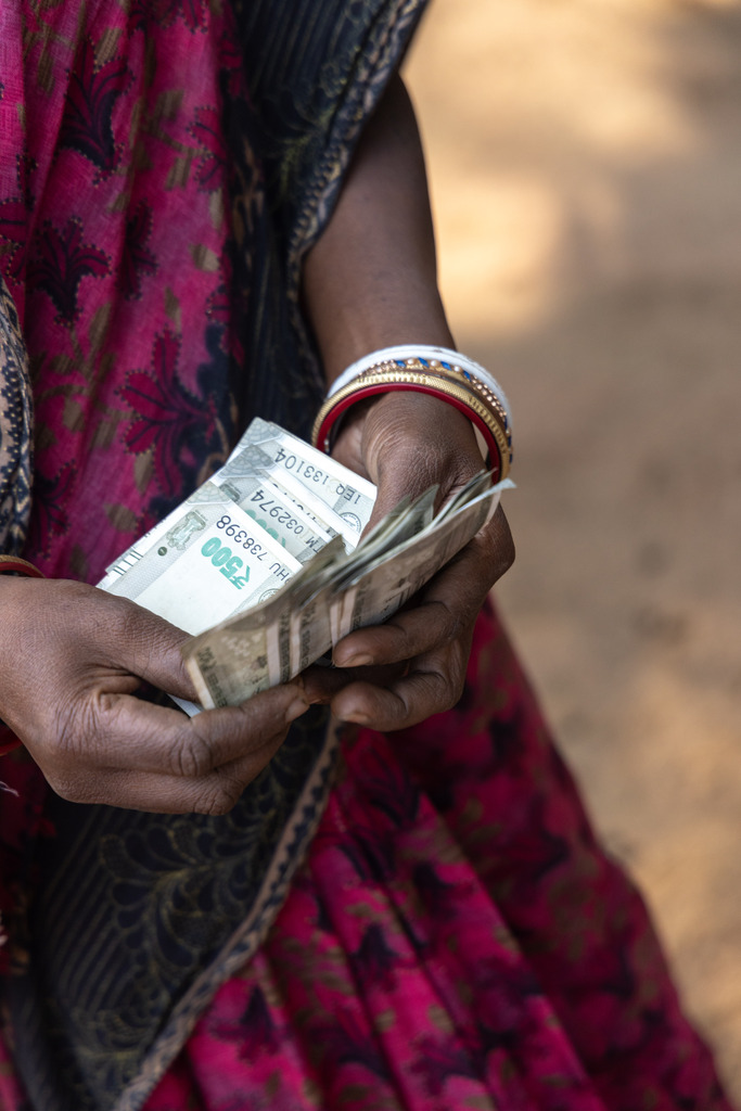 A woman counts money from the sale of her goats