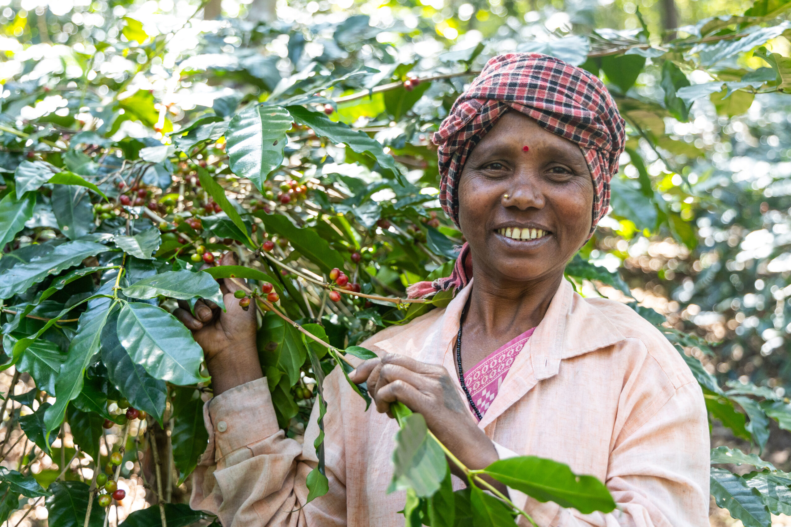 A woman stands among coffee plants on her farm.