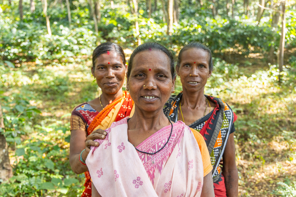 A woman farmer stands with two other women in a forest.