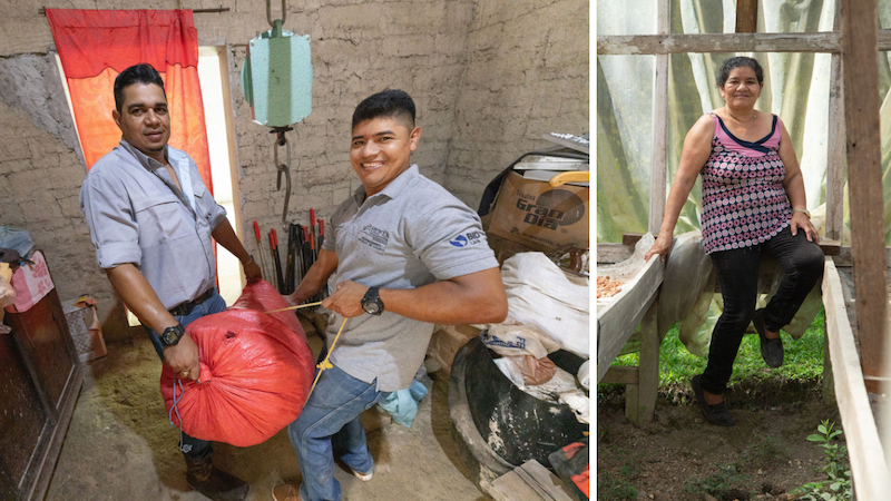 (Left) Heifer cacao technician, Julio Godoy, and Merlin weigh a bag of dried cacao seeds on a scale. (Right) Ángela stands in her greenhouse where she dries cacao seeds.