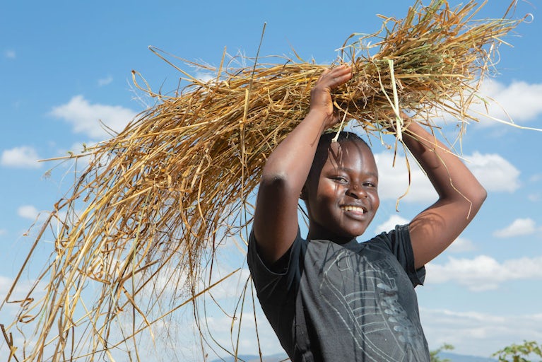 Young girl carrying hay above her head and smiling.
