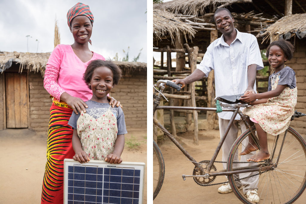 (Left) Glyceria and Julita pose with the solar panel their family purchased thanks to milk sales. (Right) Chinzimu and Julita show off the bicycle their family purchased thanks to milk sales.