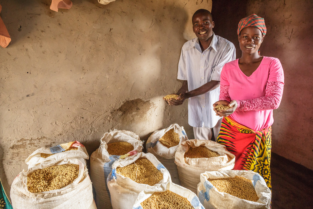 Glyceria and Chinzimu proudly hold their soybean harvest.