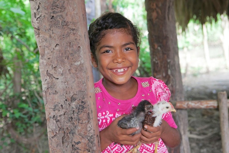 Smiling girl in pink holds two baby chicks.
