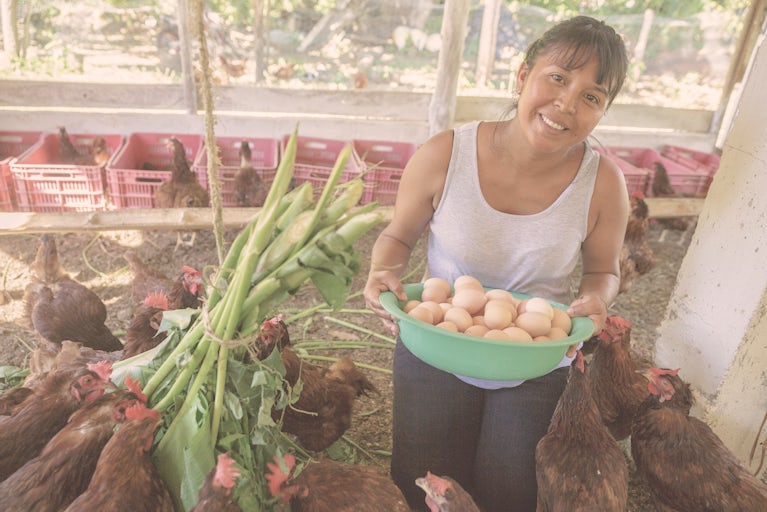 Woman in white tank top holding basket of fresh eggs among chickens.