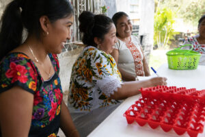 Three Mexican women sit at a table with an empty egg crate in front of them.