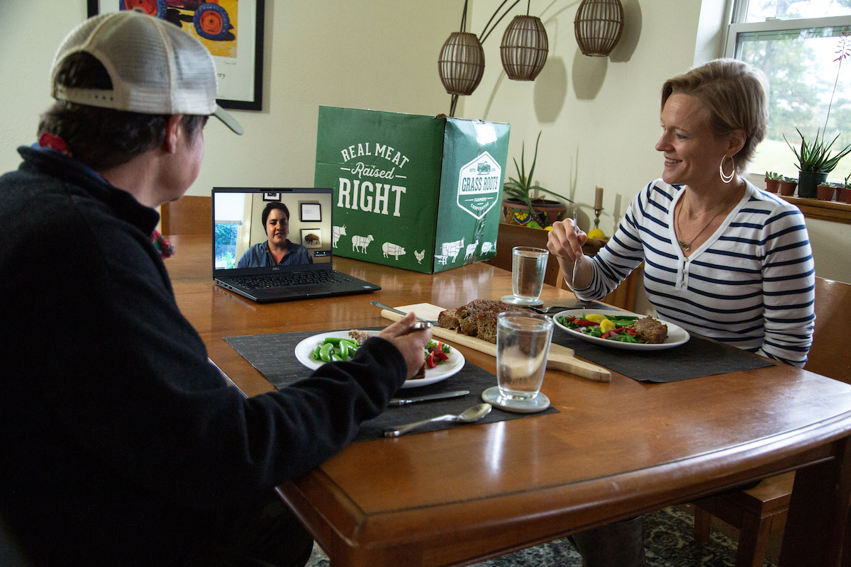 Liz Ellis (right) and Donna Kilpatrick (left) enjoy Mom's Meatloaf during a virtual dinner party with a friend.