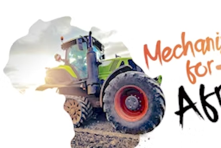 Graphic with a tractor illustration on the Africa continent, text reads Mechanization for Africa.