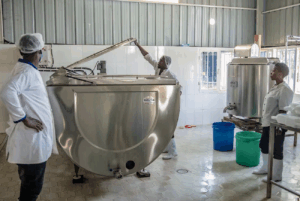 Members of a milk collection center in Rwanda tend to refrigerated tanks.